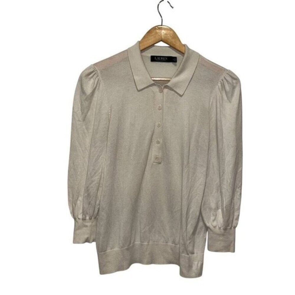 Lauren Ralph Lauren Cream Puff Sleeve Collared Knit Sweater Medium Womens